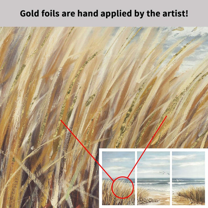 Hardy Gallery Abstract Beach Canvas Wall Art: Seashore Grasses Artwork Print Seascape Painting for Walls (26'' x 16'' x 3 Panels) - Image 2